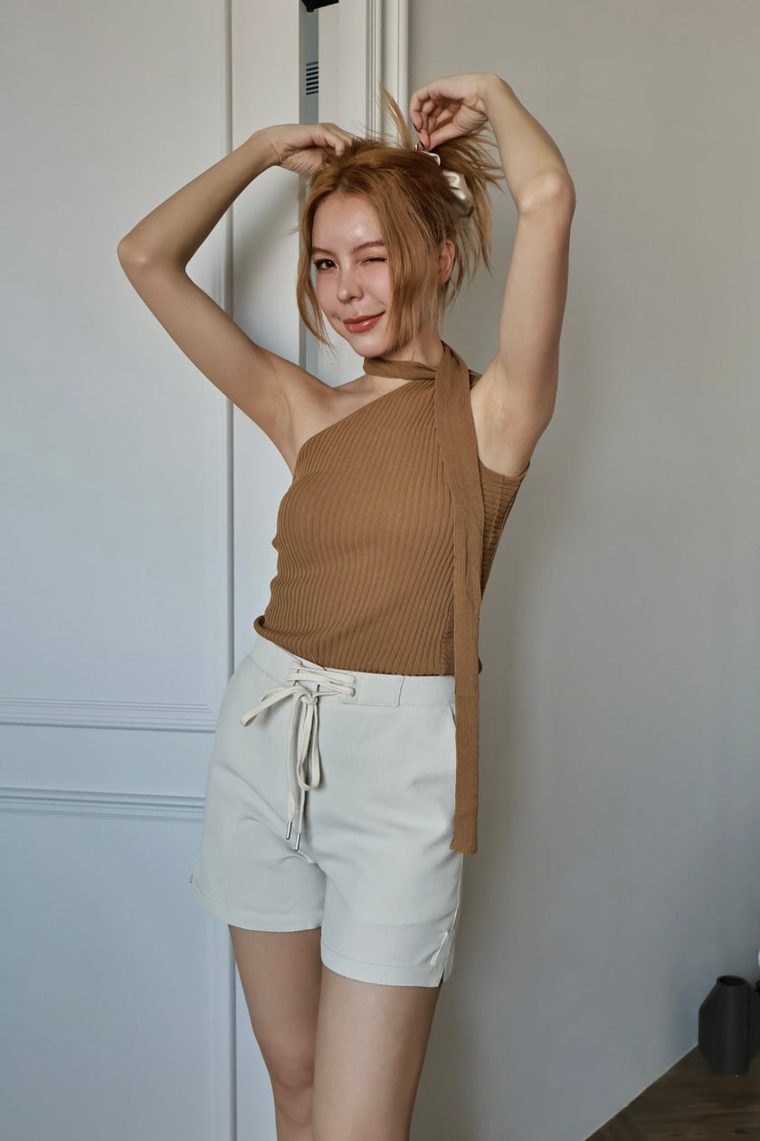 亞麻抽繩短褲-米杏