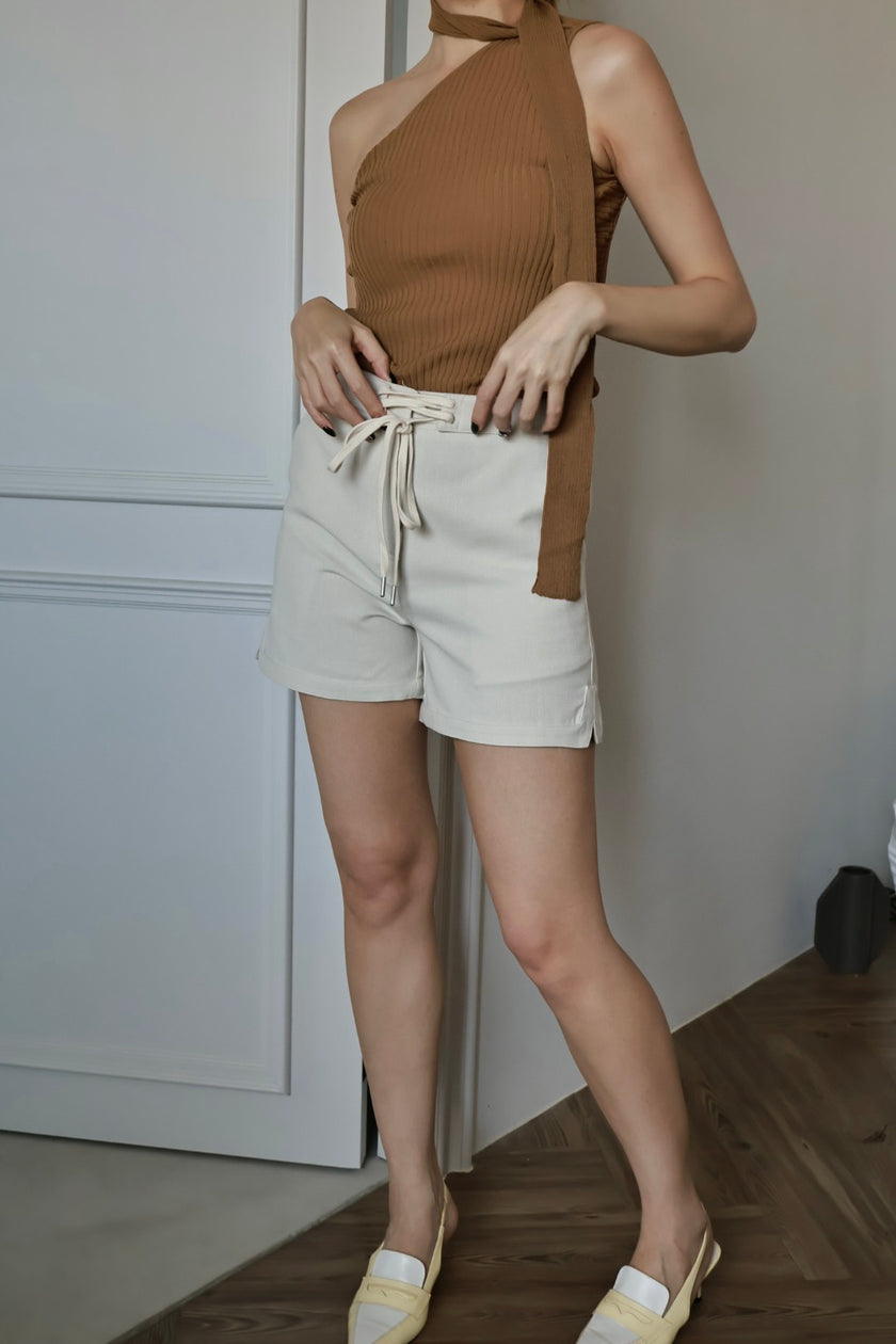 亞麻抽繩短褲-米杏