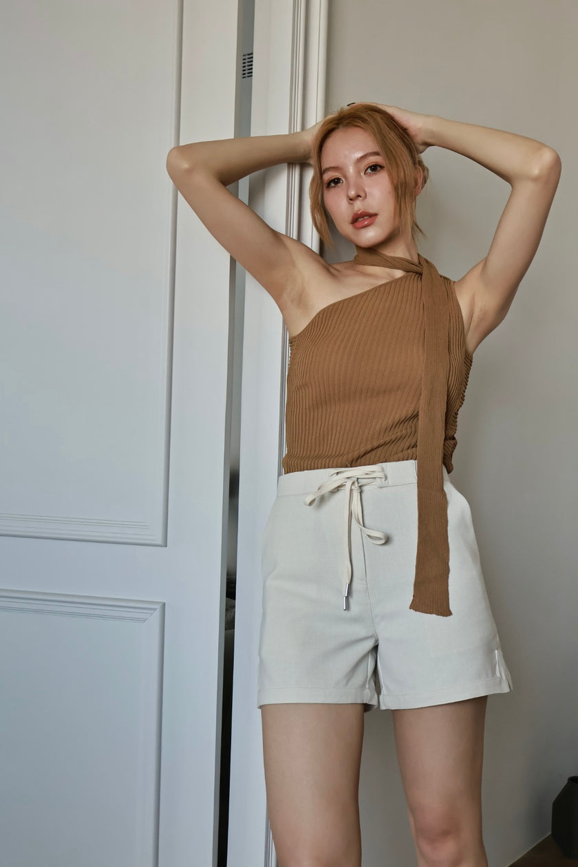 亞麻抽繩短褲-米杏