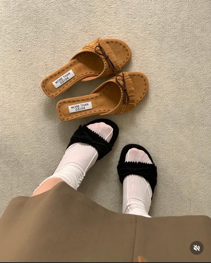 流蘇麂皮半跟鞋-焦糖