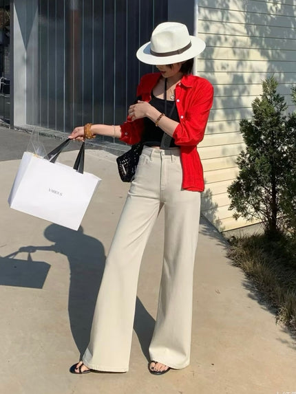 漫畫直腿皮帶喇叭褲-杏灰