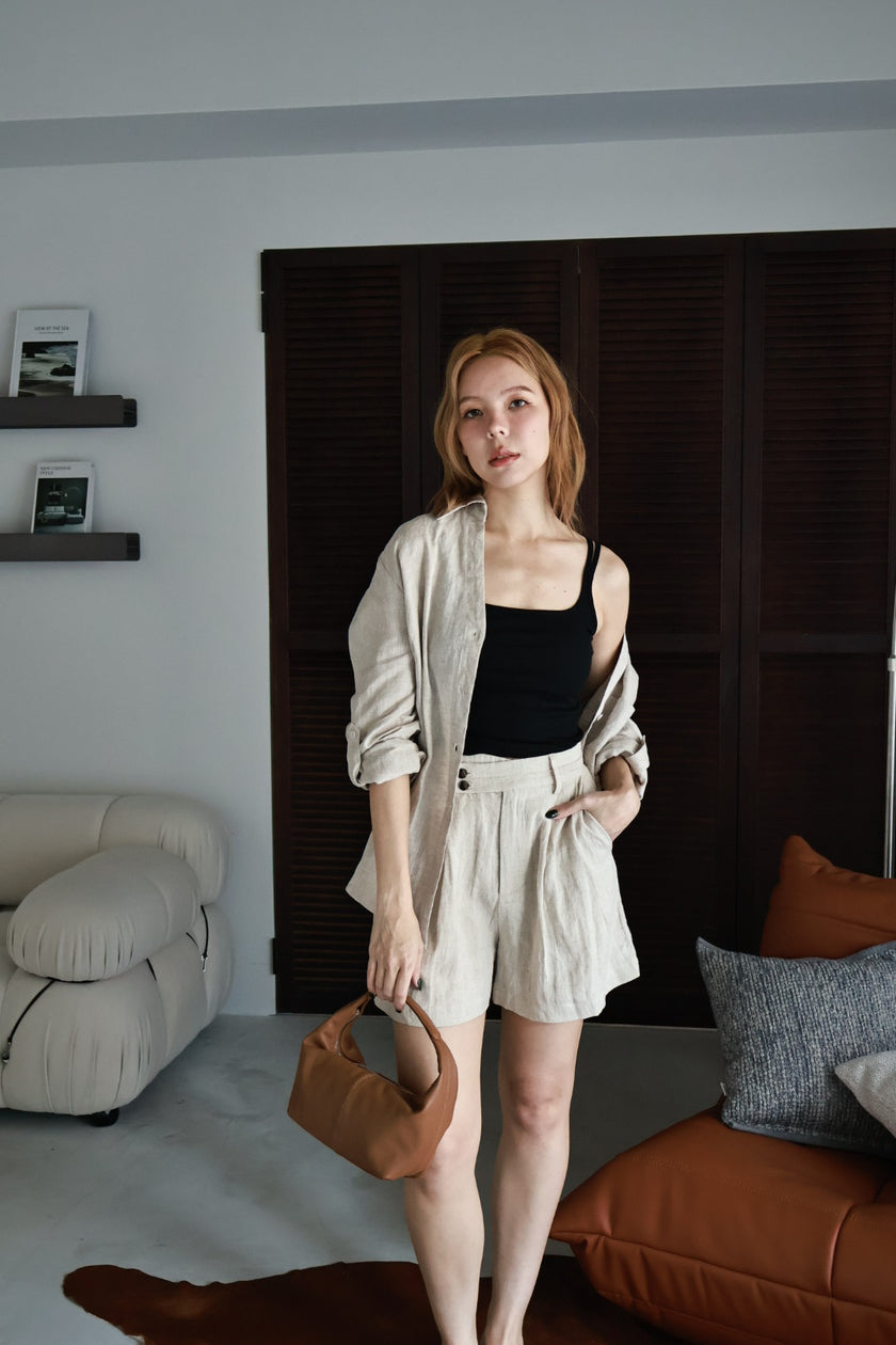 慵懶亞麻雙釦短褲-奶茶