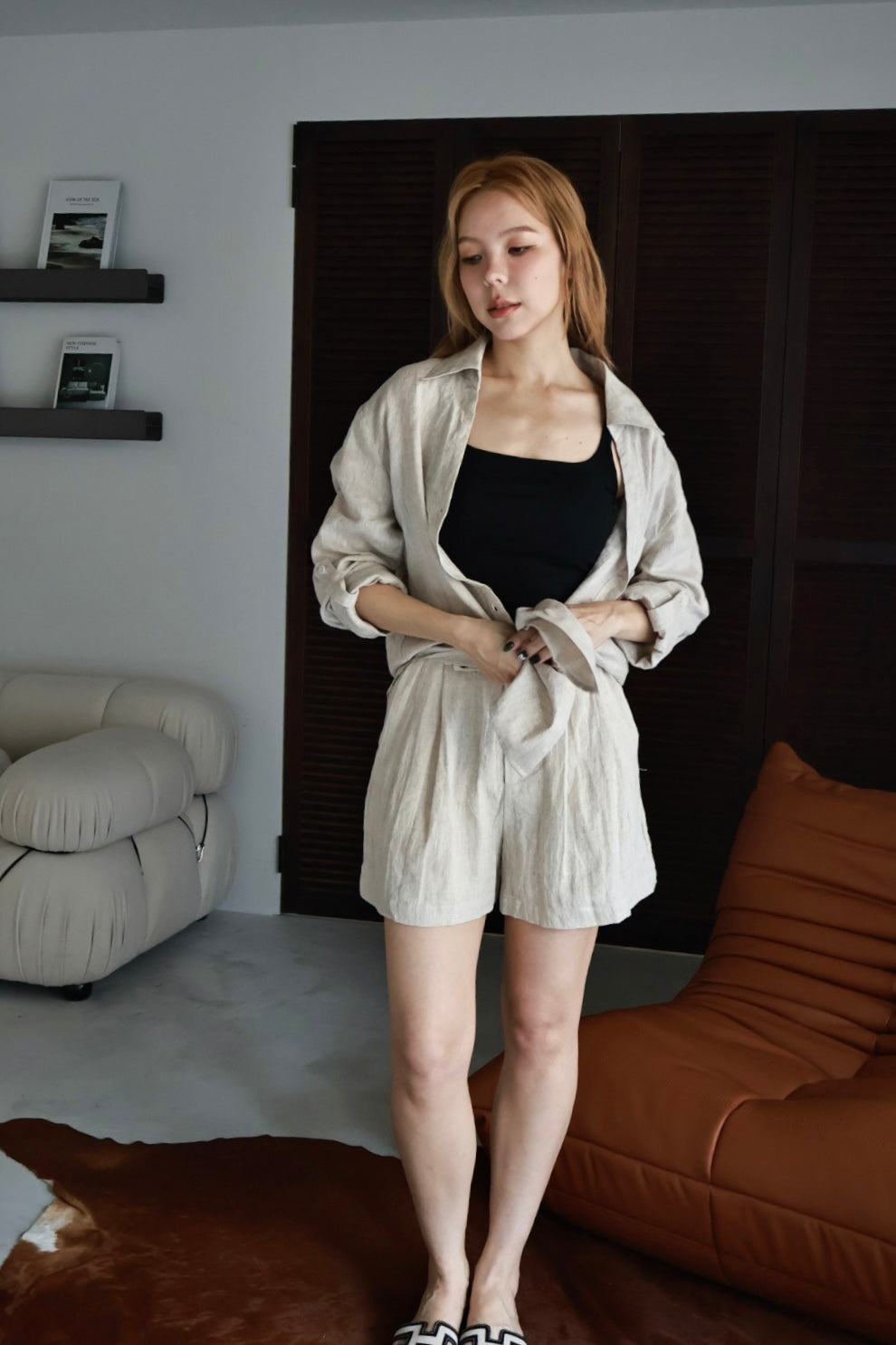 慵懶亞麻渡假襯衫-米杏