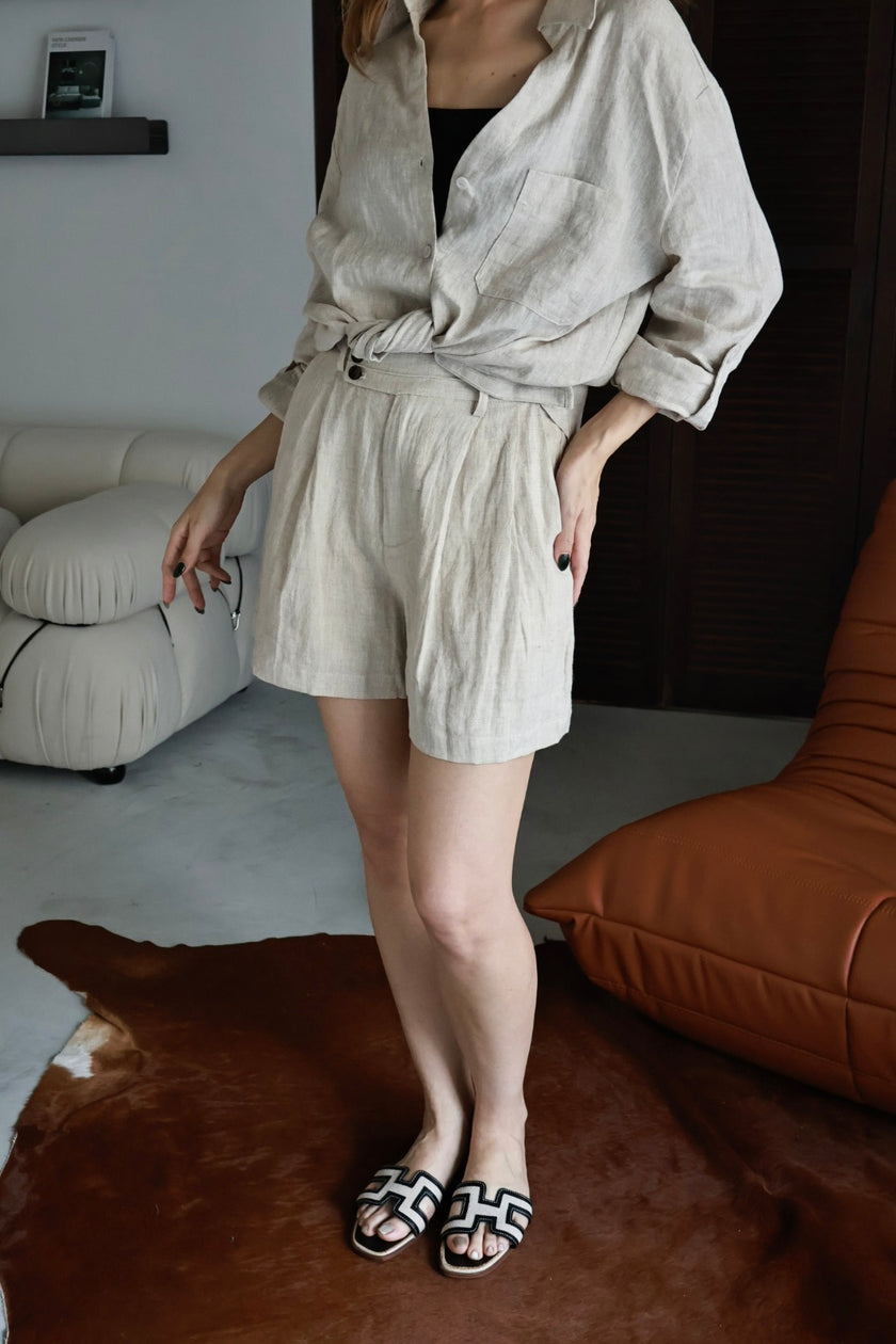 慵懶亞麻雙釦短褲-奶茶