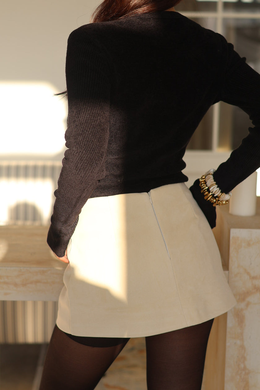 絨霧麂皮褲裙-白