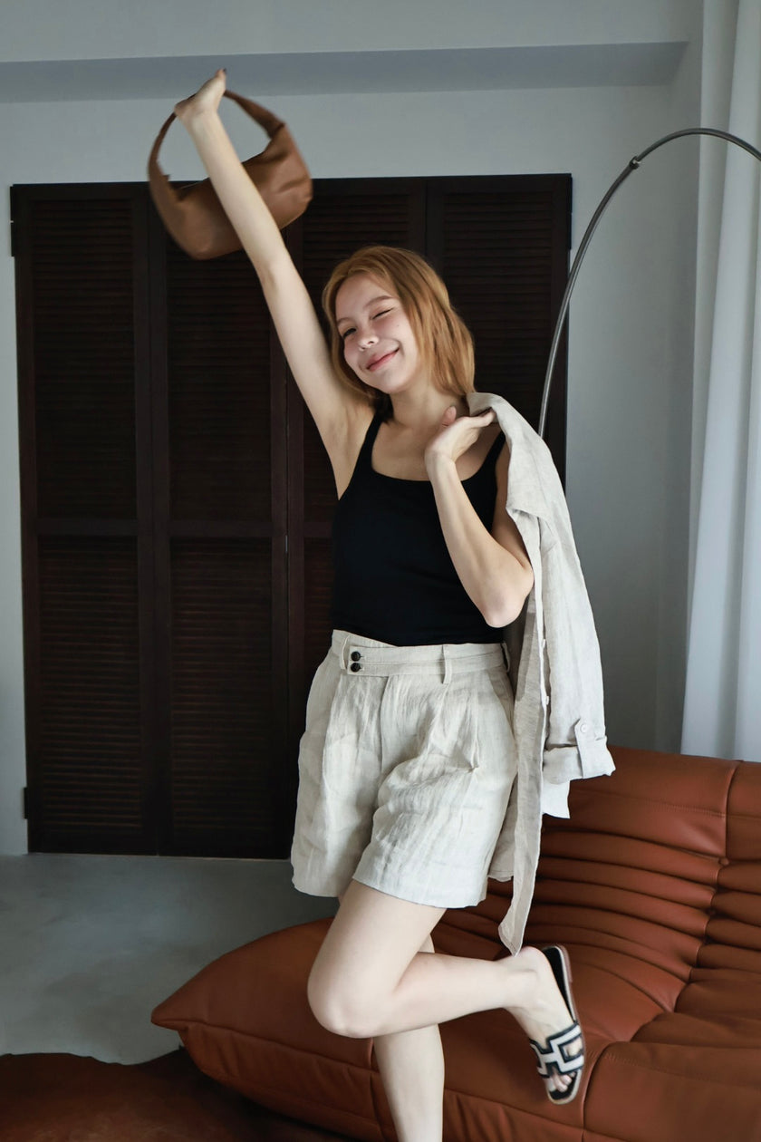 慵懶亞麻雙釦短褲-奶茶