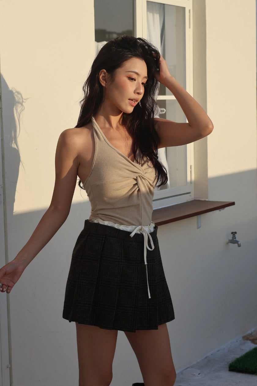 Miu系格紋羊毛百褶褲裙-深咖