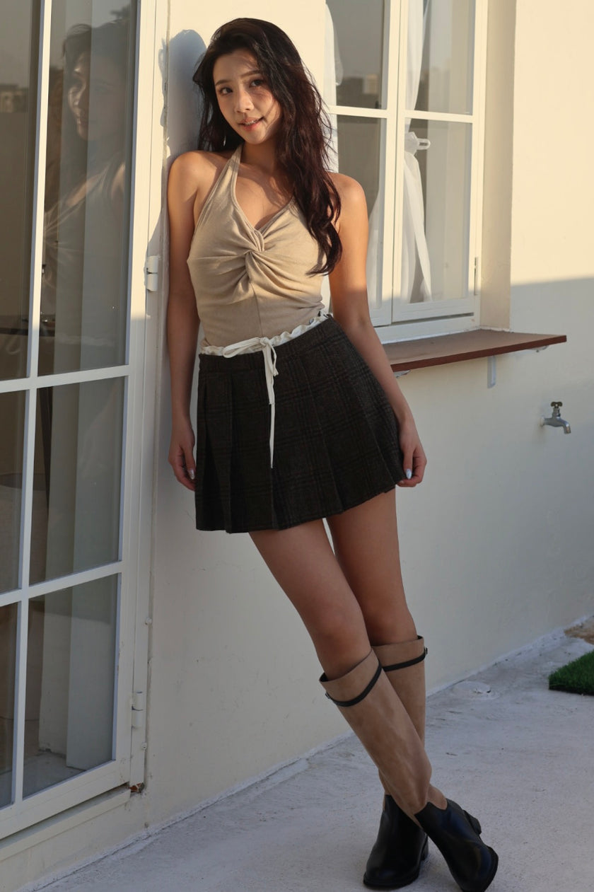 微絨扭結掛脖背心-杏