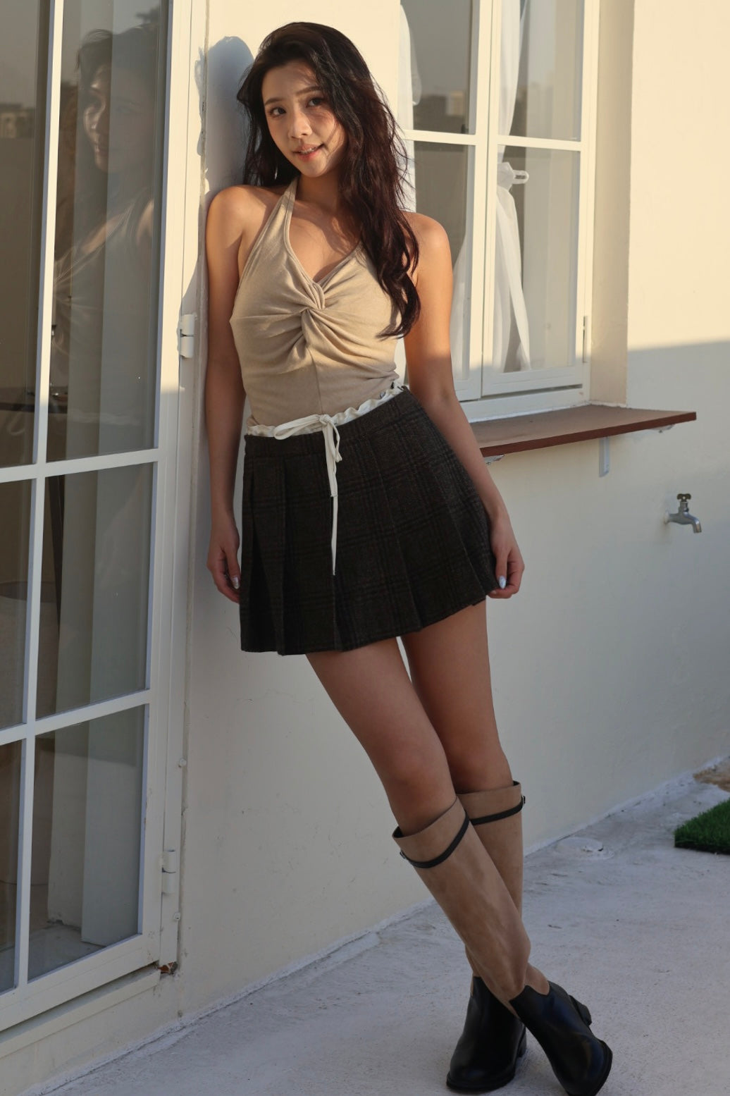 Miu系格紋羊毛百褶褲裙-深咖