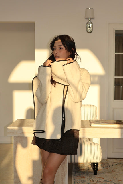 靜奢羊毛滾邊短外套＋圍巾-杏灰