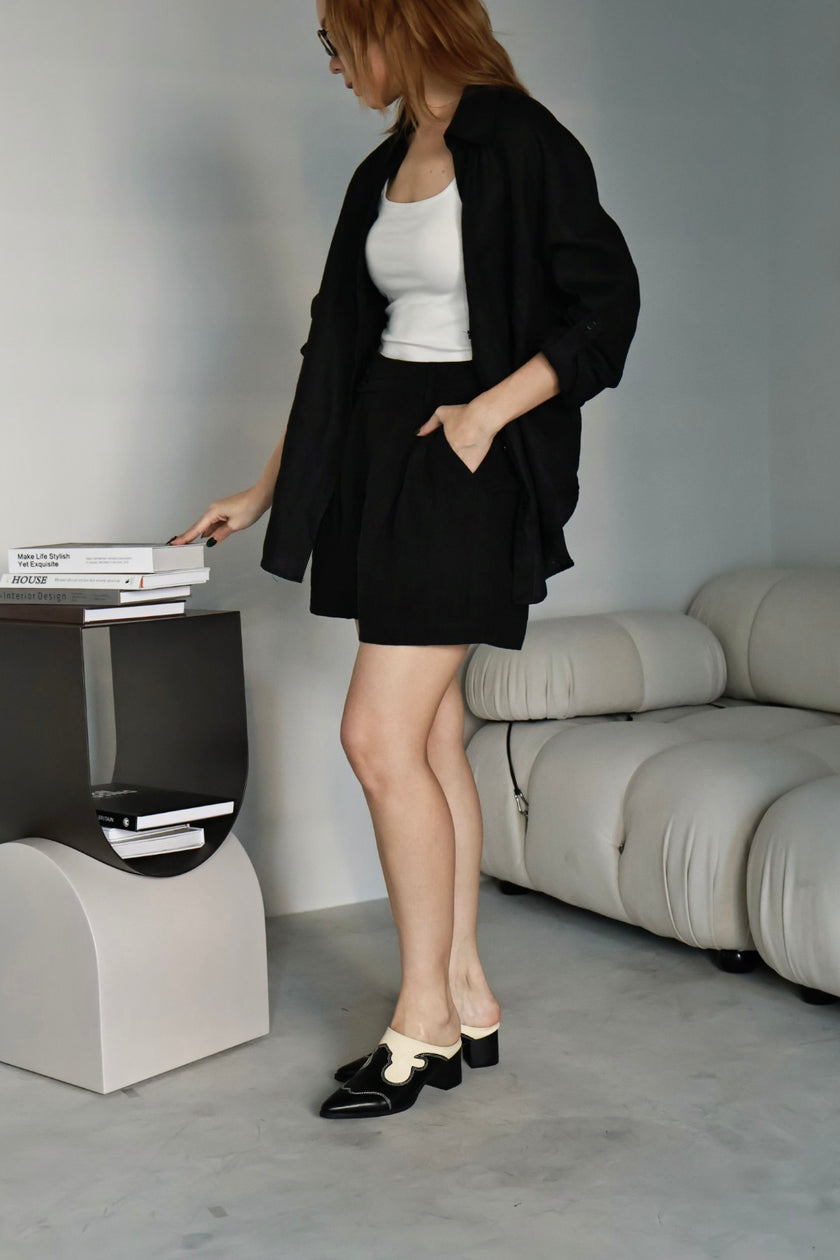 慵懶亞麻雙釦短褲-黑