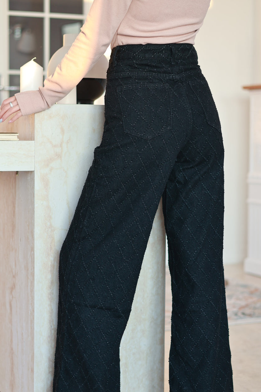 率性菱格紋高腰牛仔褲-黑