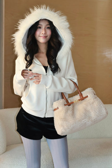 休閒狐狸毛連帽外套-白