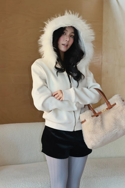 休閒狐狸毛連帽外套-白