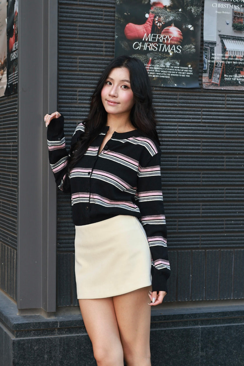 Miu系拼色條紋羊毛衫-黑