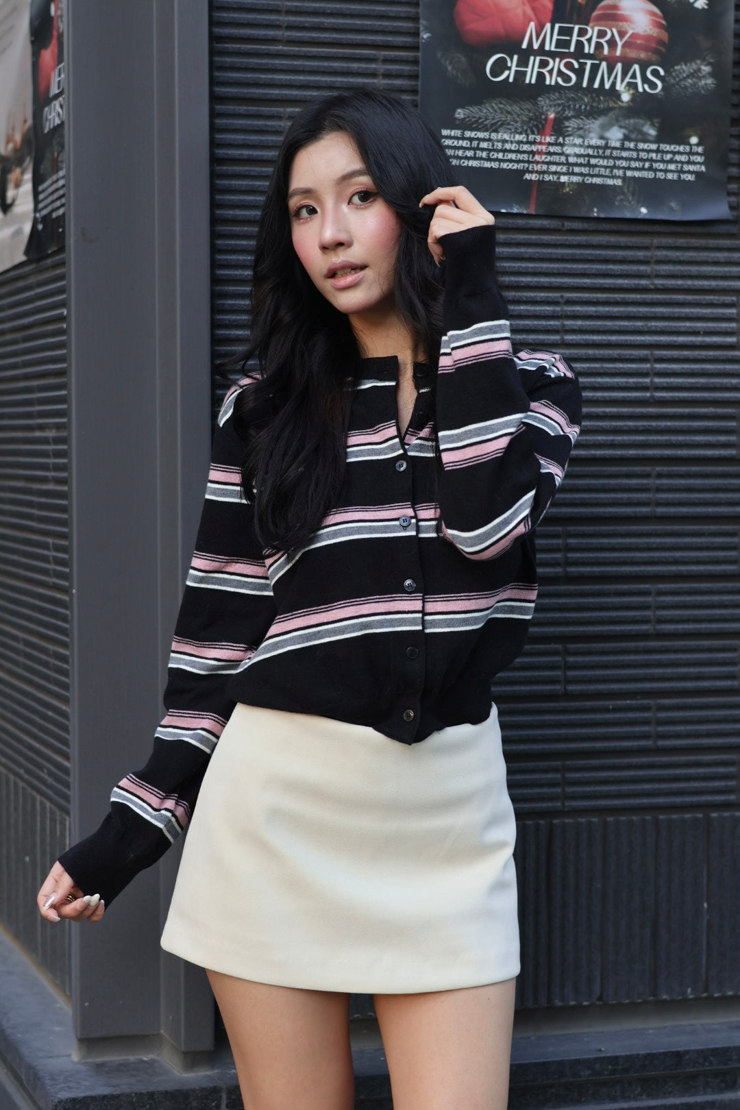 Miu系拼色條紋羊毛衫-黑