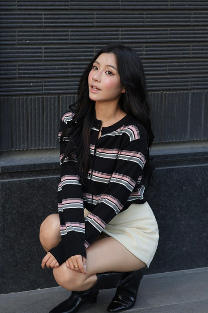 Miu系拼色條紋羊毛衫-黑