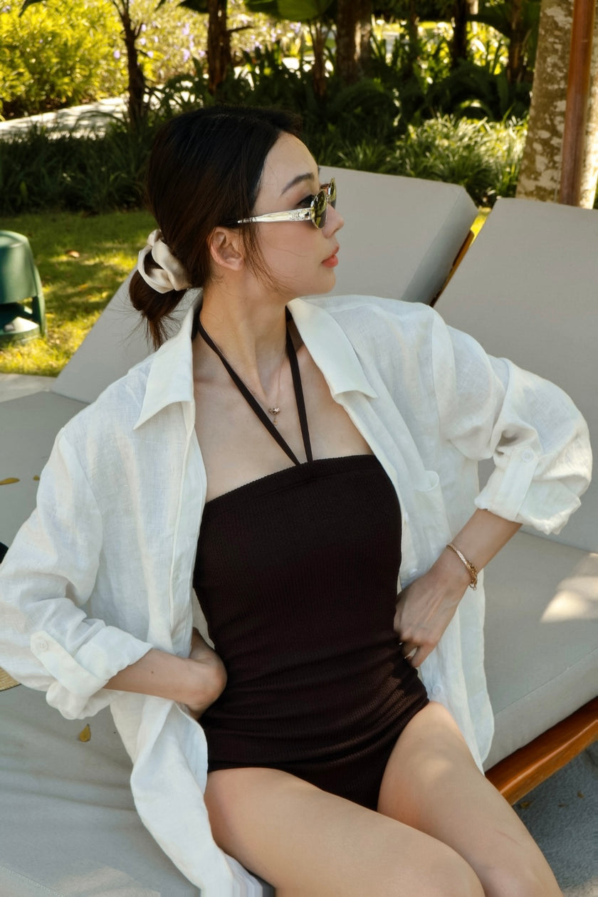 海岸華夫格連身泳衣-咖