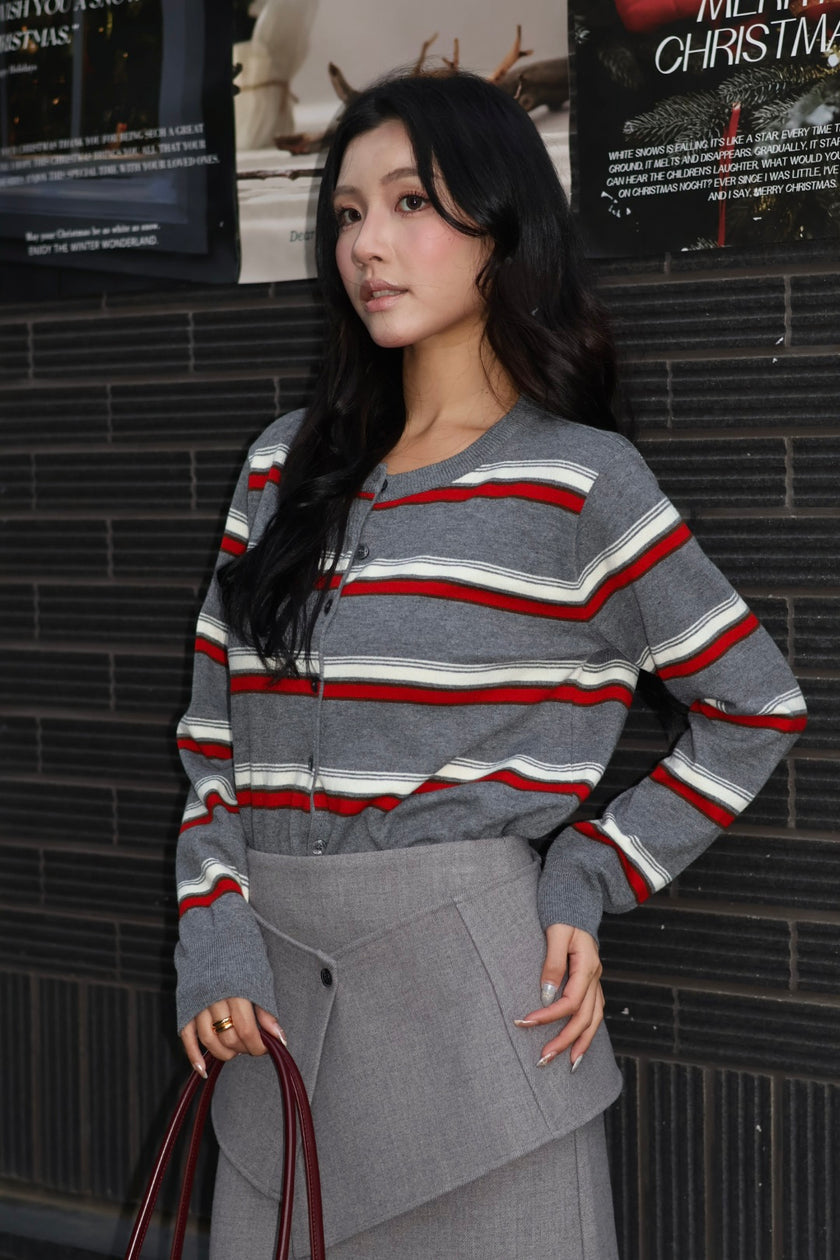 Miu系拼色條紋羊毛衫-灰