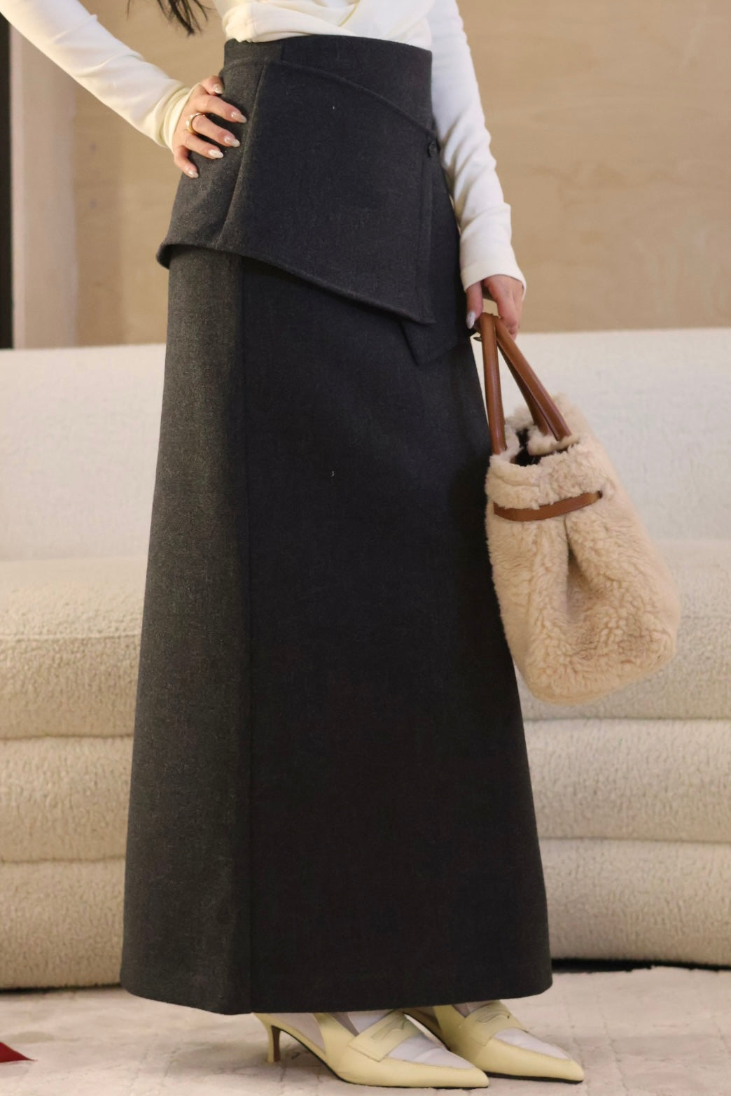 羊毛挺版裙圍造型半裙-深灰