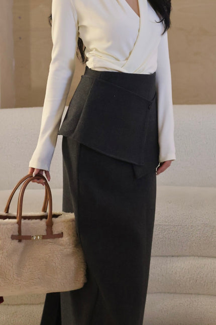 羊毛挺版裙圍造型半裙-深灰