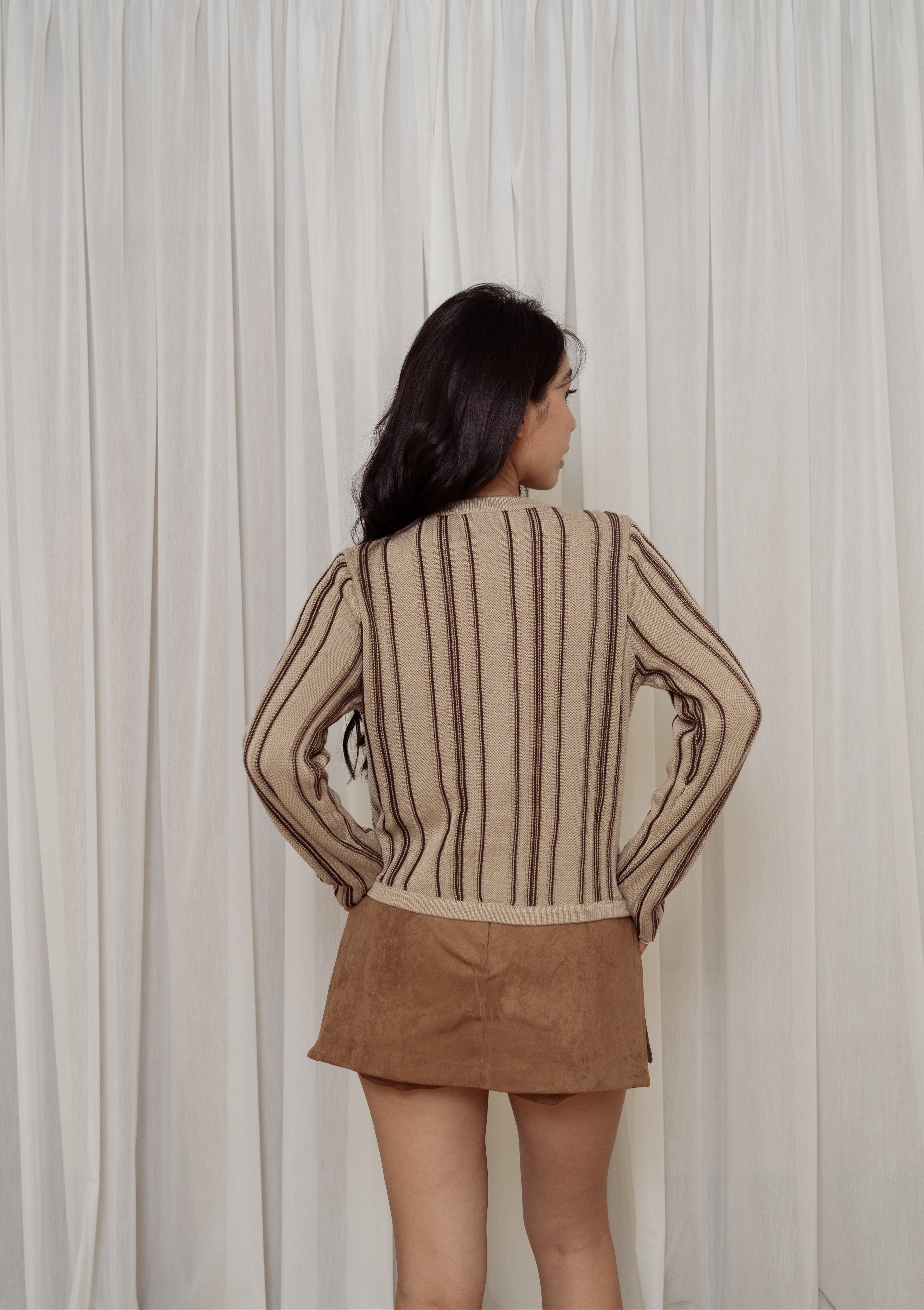 老錢羊毛條紋外套-杏灰