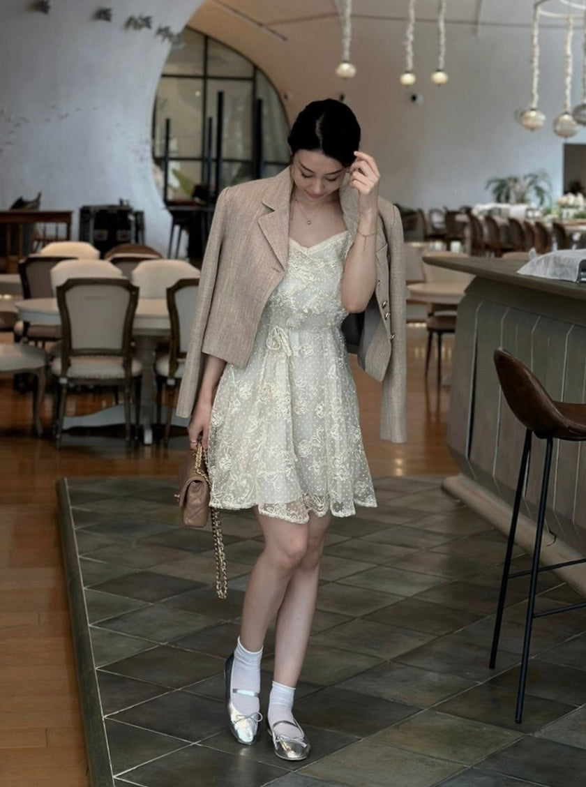 復古刺繡蕾絲綁帶洋